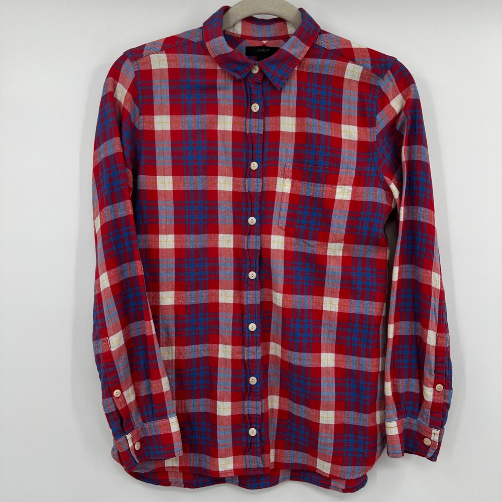 J Crew Womens Red Blue Plaid Flannel Button Up Shirt Size‎ 2 Stretch Americana